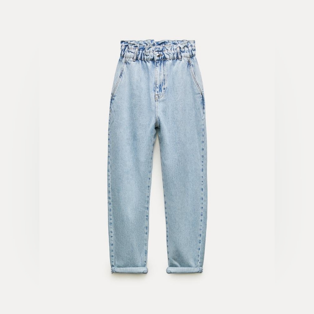 Zara Paperbag High Rise -  Tapered Leg - Ankle Grazer - Ridge Light Wash.